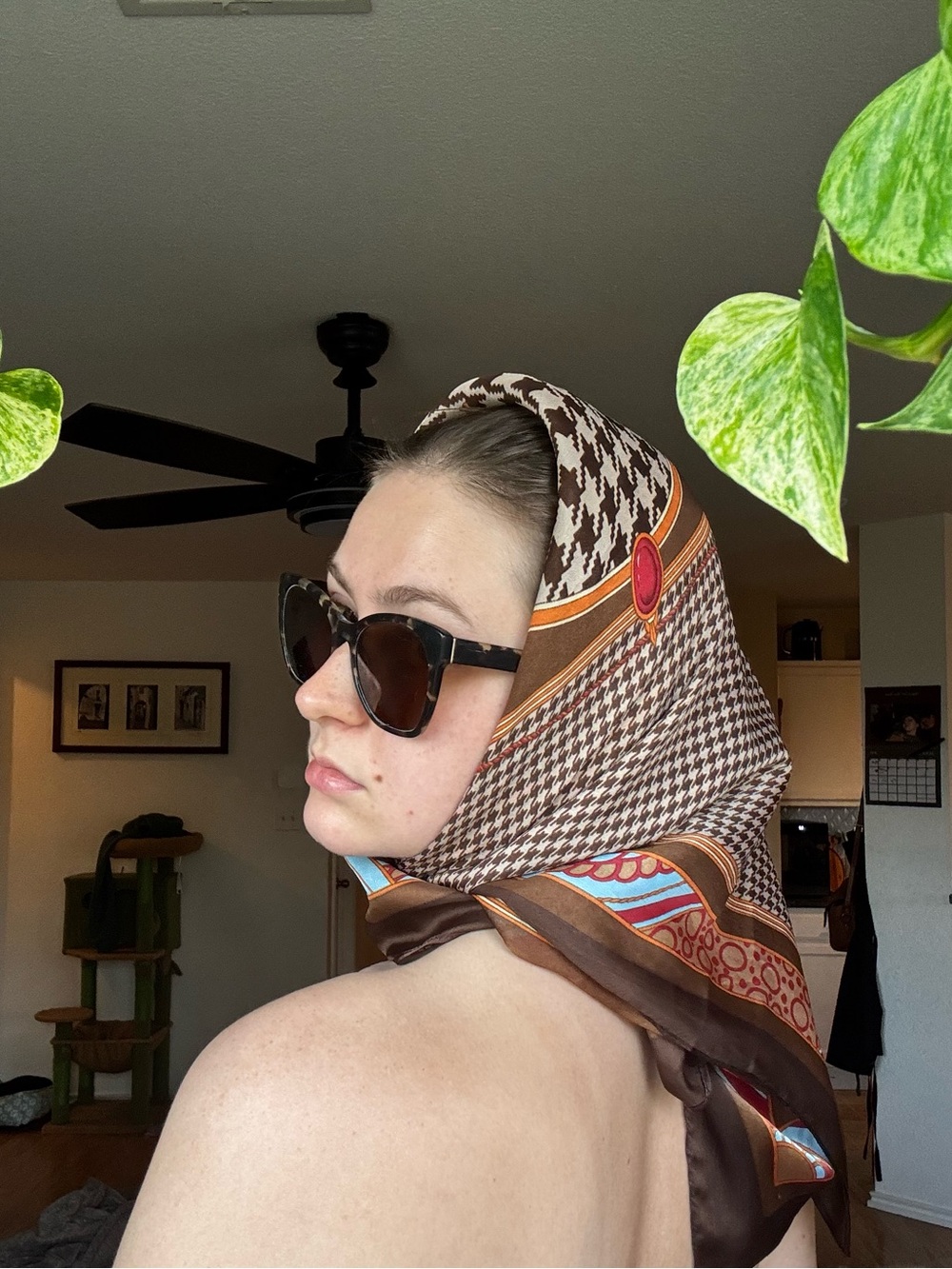 Brown Patterned Silk Headscarf with Multicolor Accents
